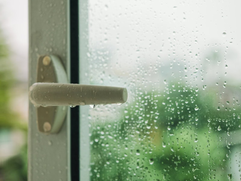 Don't Let Your Home Sweat It Out: A North Carolina Guide to Humidity Control. Raindrop on window with Handle Blur tree background Rainy Season.