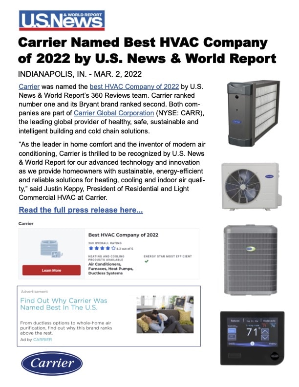 Carrier Named Best HVAC Company of 2022 by U.S. News & World Report Article